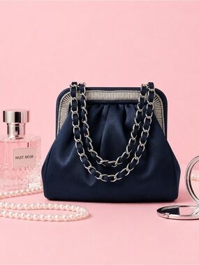 BIJOUX TERNER Elegant Blue Ruched Frame chain Formal Evening handbag Clutch